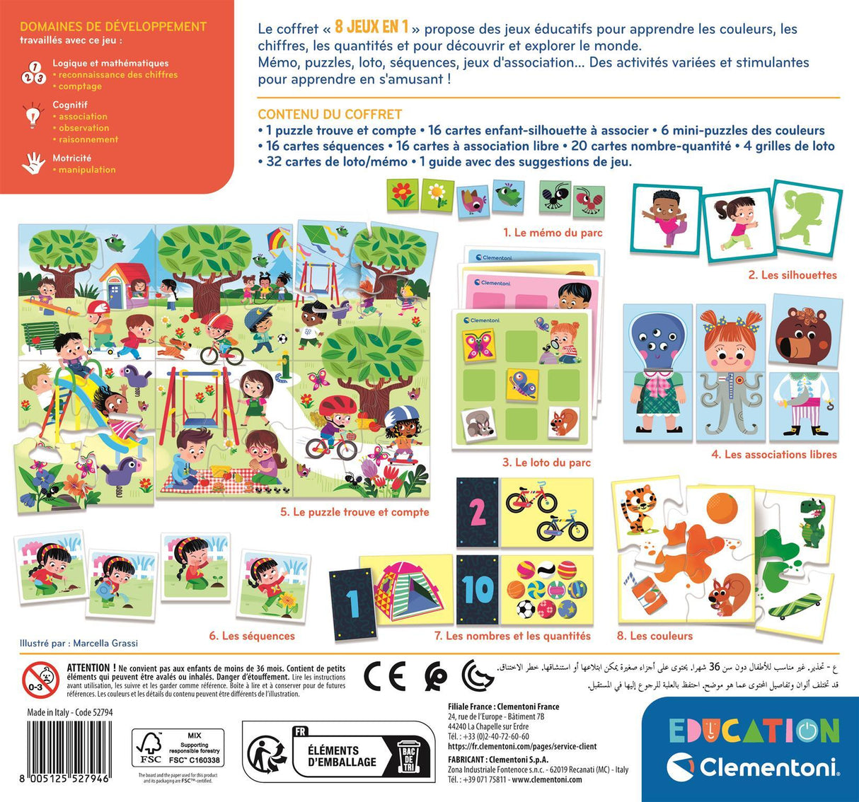 Clementoni - Coffret de 8 jeux en 1 - Jeux éducatifs formes, couleurs, nombres, quantités - Dés 3 ans