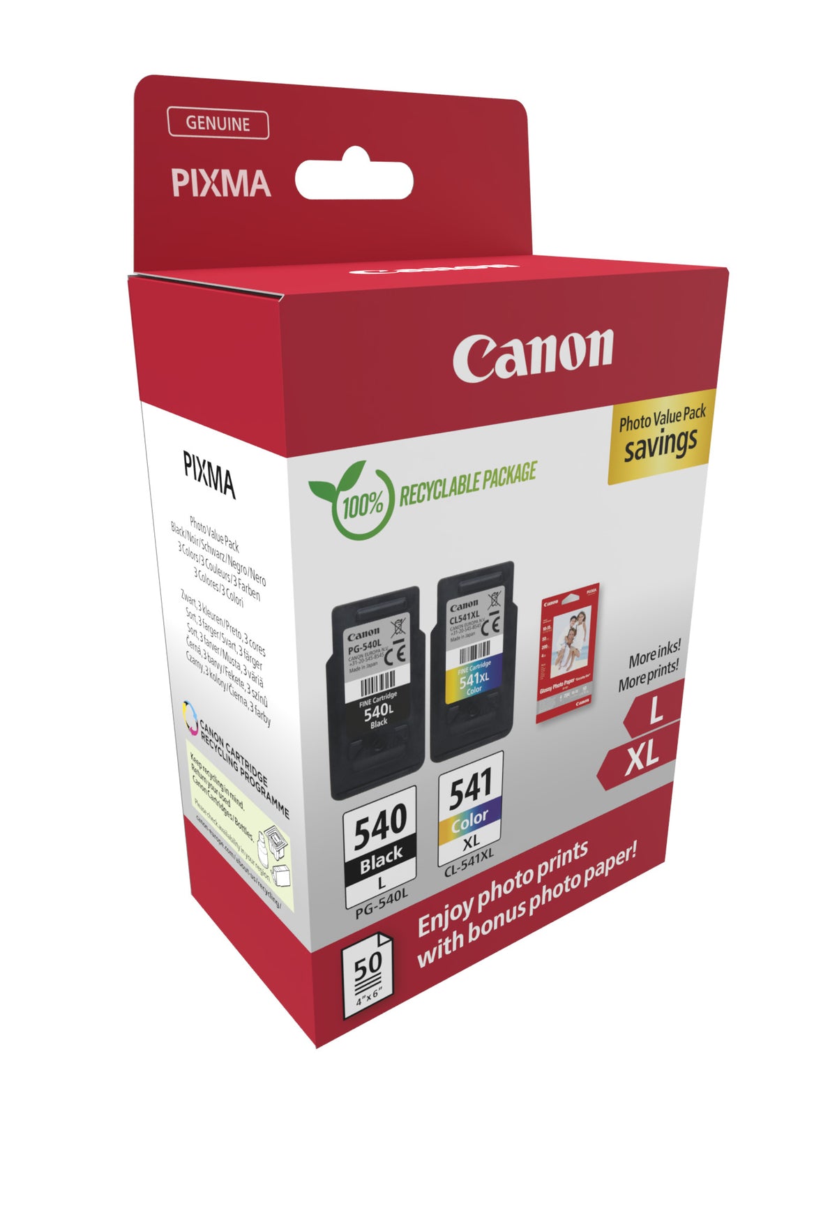 Pack de 2 cartouches d'encre + pack papiers photo - CANON - PG-540L Noir + CL-541XL Couleur - Haut rendement