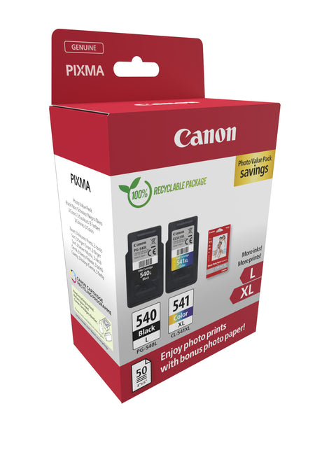 Pack de 2 cartouches d'encre + pack papiers photo - CANON - PG-540L Noir + CL-541XL Couleur - Haut rendement