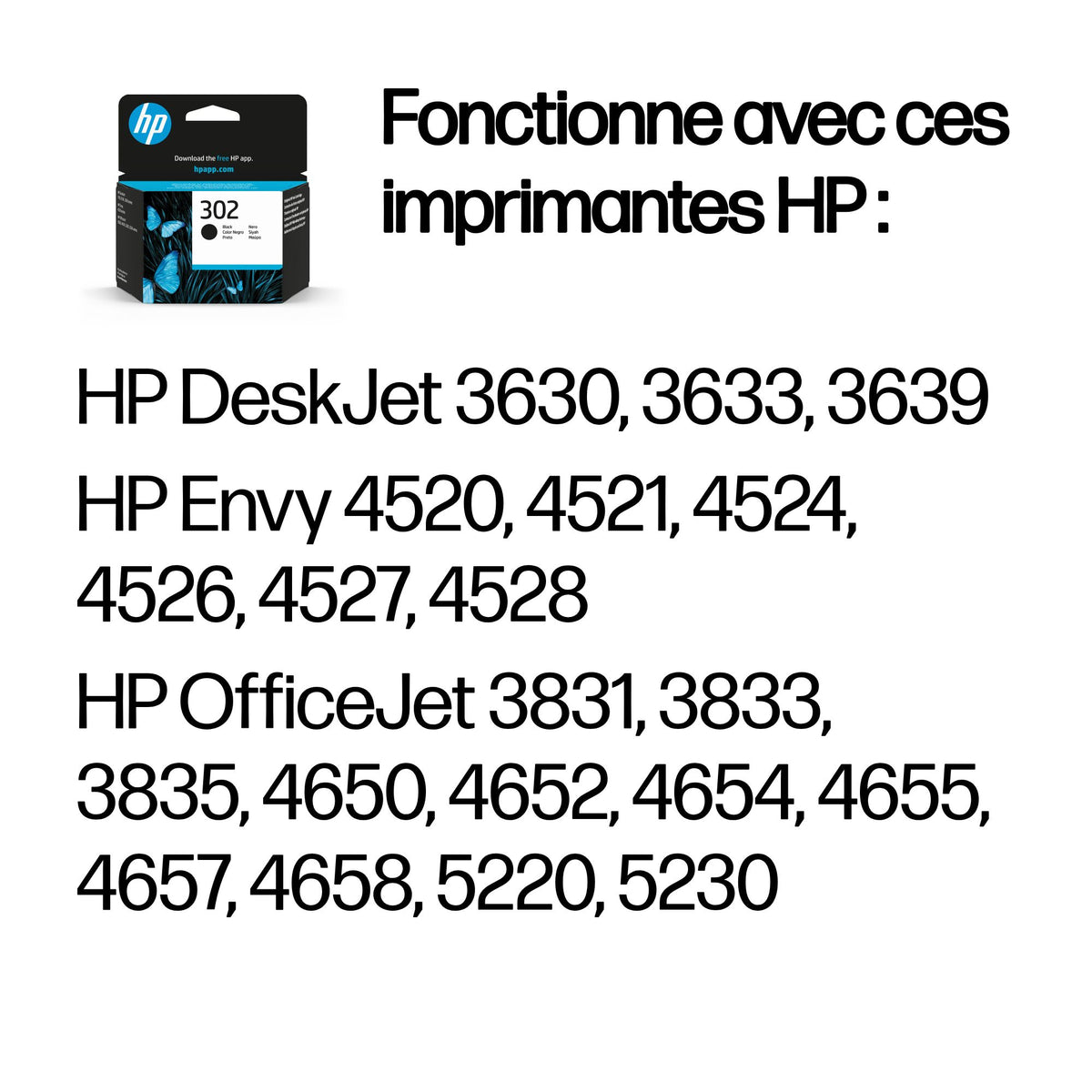 HP 302 Cartouche d'encre noire authentique (F6U66AE) pour HP DeskJet 2130/3630 et HP OfficeJet 3830