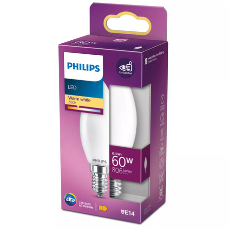 Ampoule LED - PHILIPS - Non dimmable - E14 - 60W - Blanc Chaud