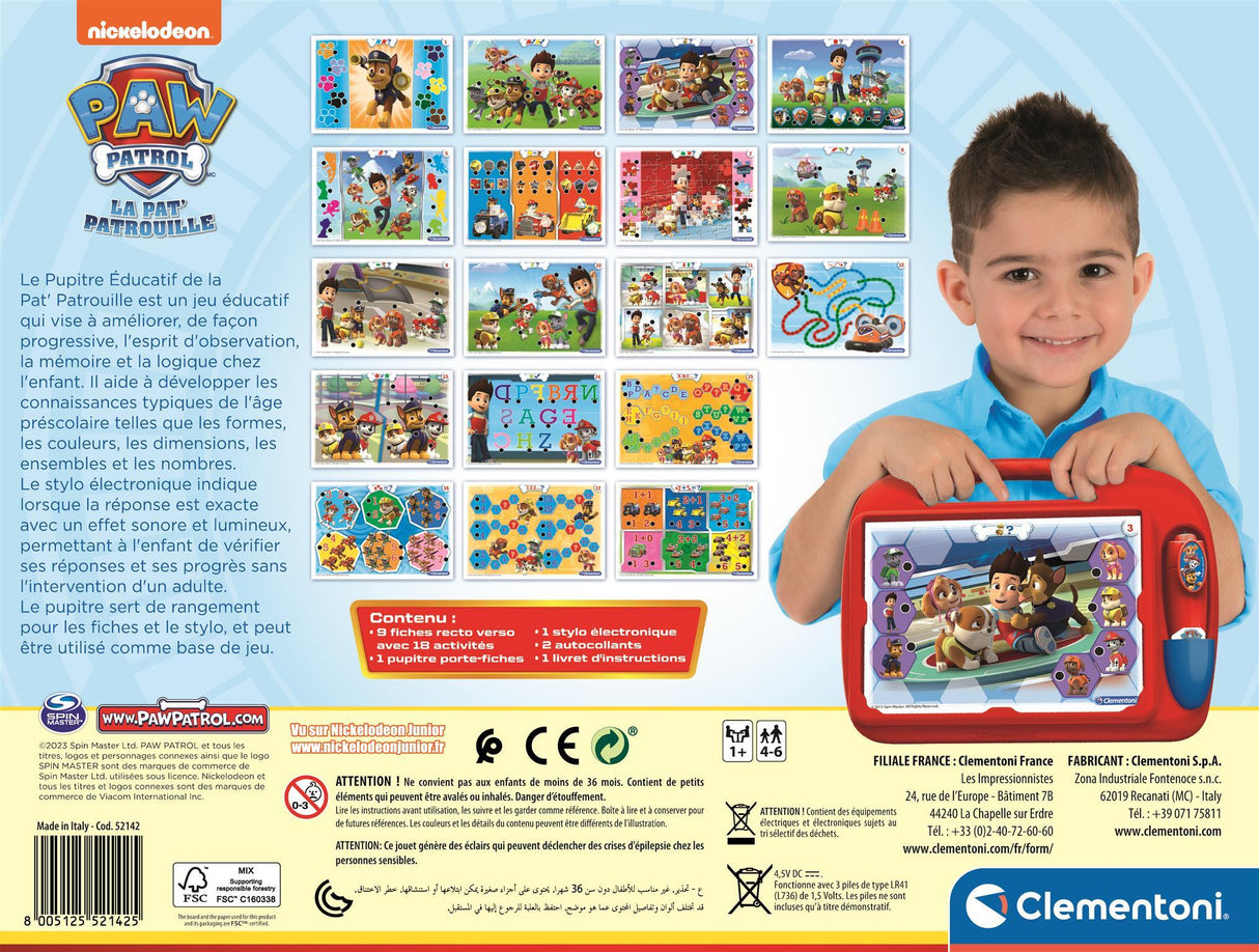 Clementoni - Pupitre Pat'Patrouille - Jeu éducatif - Découvre les formes, les couleurs, les chiffres, l'espace et les dimensions
