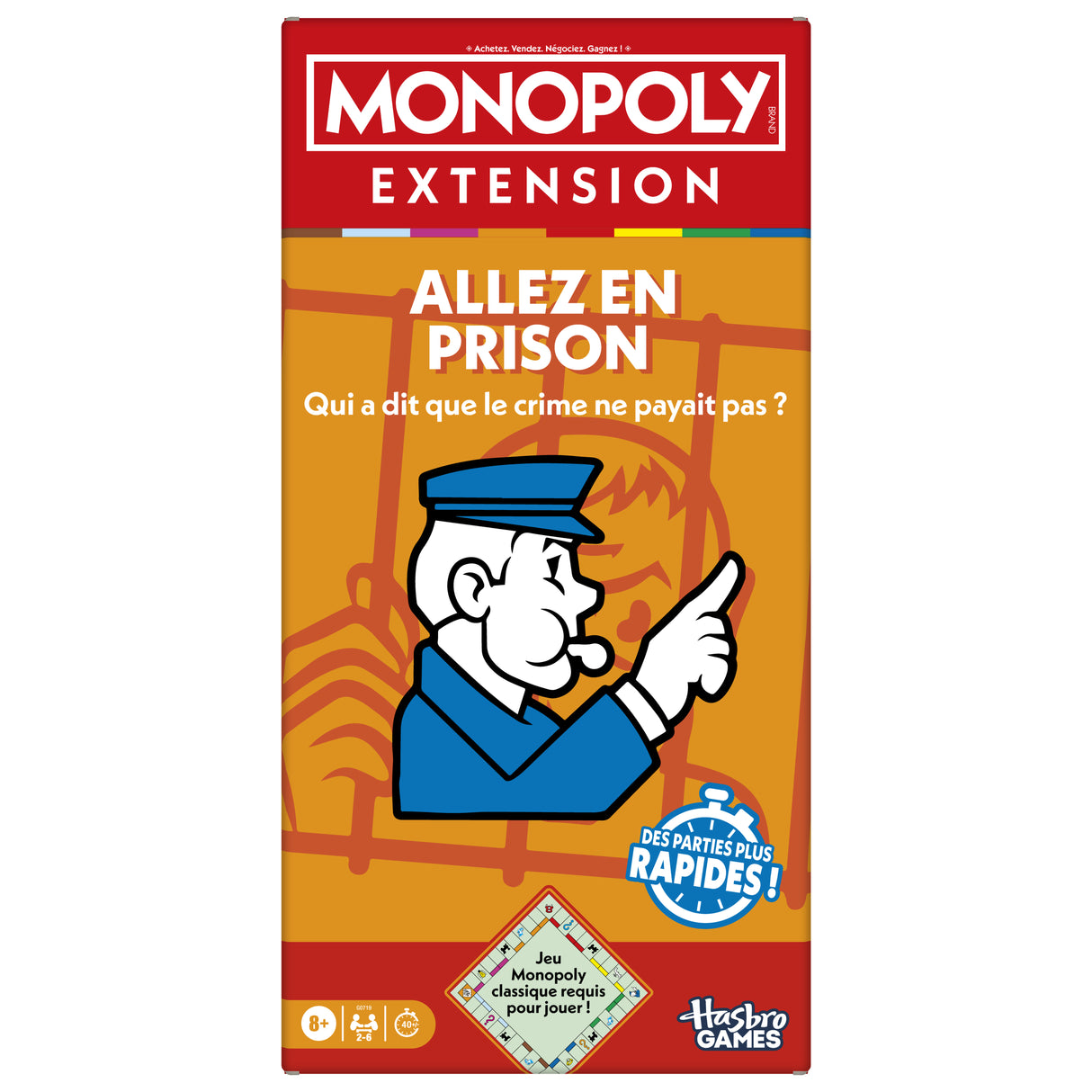 Monopoly Extension Allez en prison, rend le jeu Monopoly classique plus amusant et plus rapide, jeux de plateau, 2 a 6 joueurs, 40 m