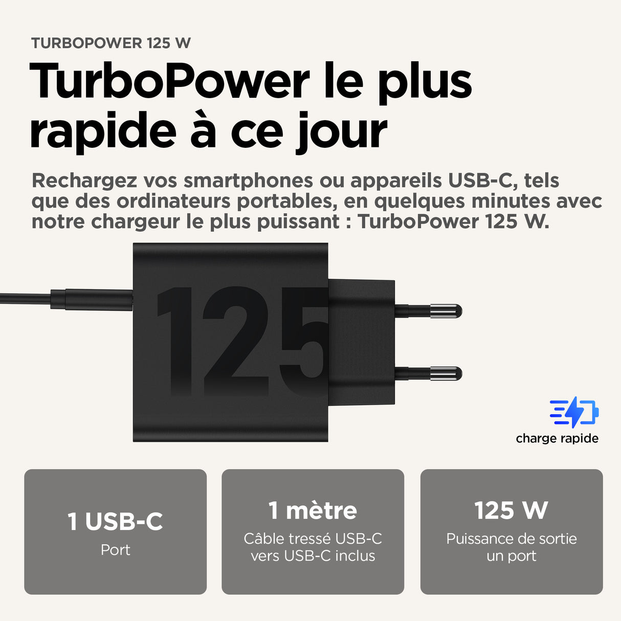 Chargeur - MOTOROLA - Moto charger - 125 W - Charge rapide - USB-C vers USB-C - Câble 1 m - Noir