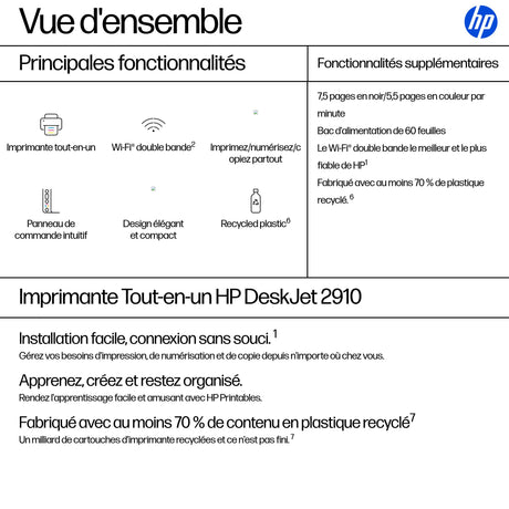 Imprimante tout-en-un HP DeskJet 2910 jet d'encre couleur - 3 mois d'Instant ink inclus avec HP+