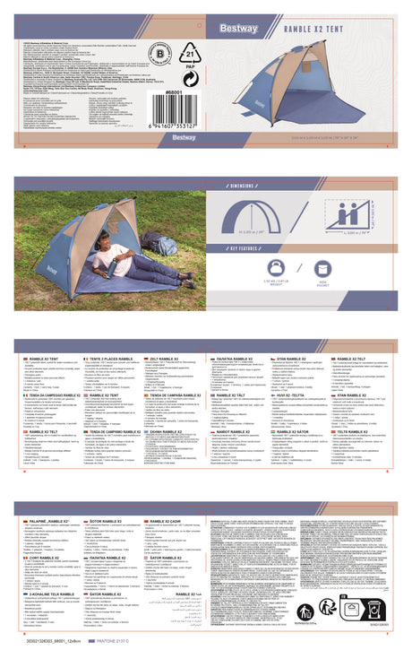 Tente de plage - BESTWAY - 68001 - Ramble X2 - 2 personnes - Installation rapide - Tissu polyester