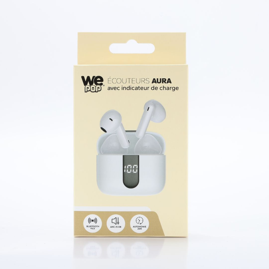 Ecouteurs sans-fil avec indicateur de charge AURA, Bluetooth, batterie intégrée