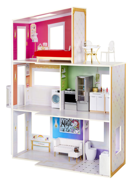 Rainbow High Townhouse - Maison en bois 3 étages et 6 pieces - Ascenseur fontionnel et meubles mobiles