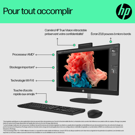 PC Tout-en-un HP 24-cr0090nf - Windows 11 - 23,8 FHD IPS - Ryzen 5 7520U - RAM 16Go - 512Go SSD - Clavier et souris sans fil