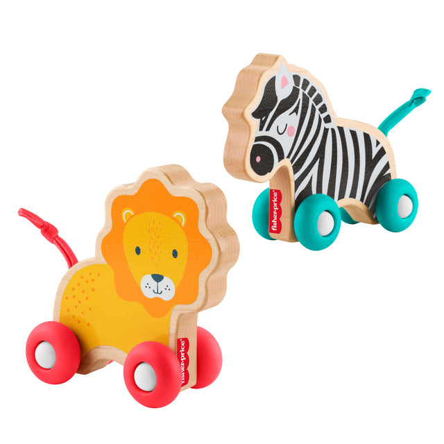 Fisher-Price Animaux a pousser en bois - Véhicule lion et zebre pour jeu a quatre pattes - 2  pieces en bois - des 6 mois - JFN19