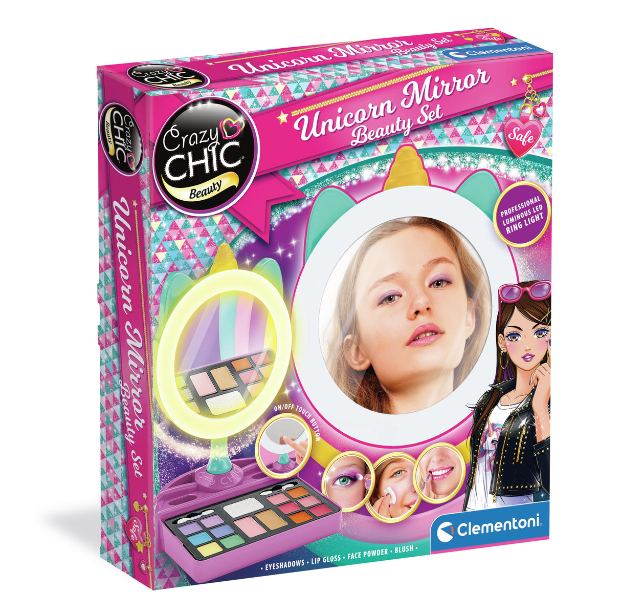 CLEMENTONI - Miroir de maquillage licorne - Anneau lumineux - Maquillage et accesoires cheveux et ongles - Des 7ans
