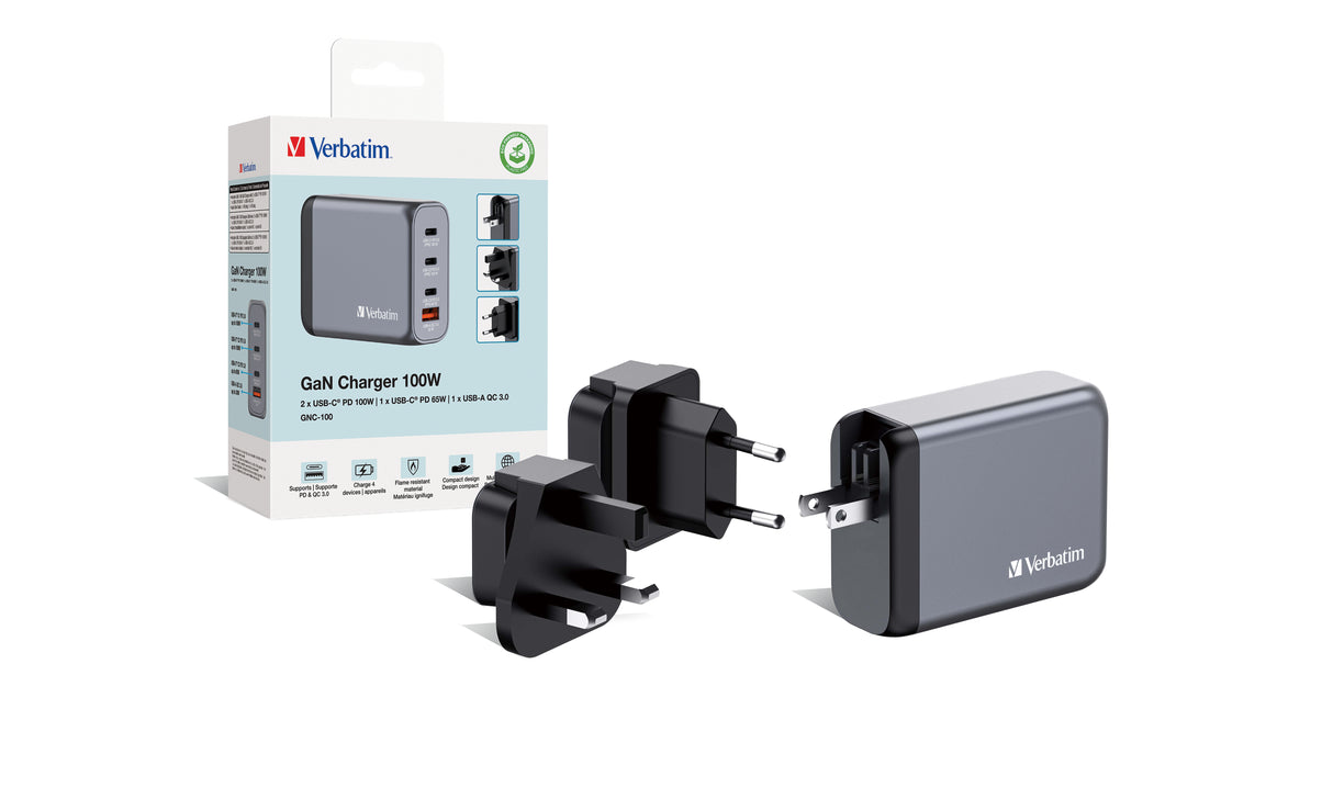 Chargeur secteur Verbatim GNC 2x ports USB-A + 2x ports USB-C 100W (Noir)
