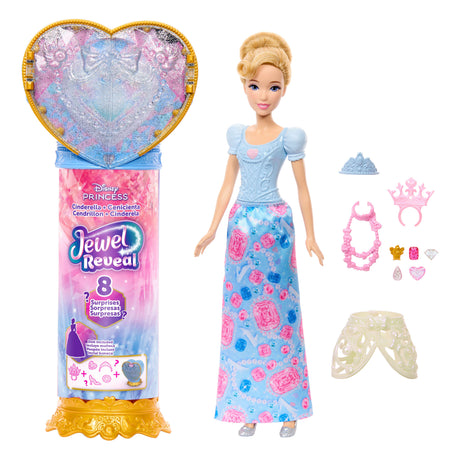 Poupée Jewel Reveal Cendrillon, Accessoires avec 8 surprises, 1 boîte a bijoux en forme de coeur, 1 bague pour enfant et 9 éléments,
