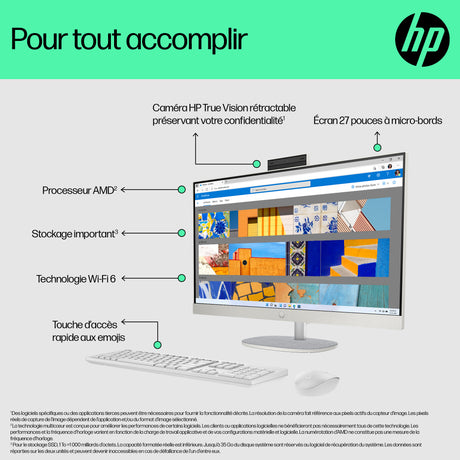 PC Tout-en-un HP 27-cr0075nf - Windows 11 - 27 FHD IPS - Ryzen 5 7520U - RAM 16Go - Stockage 512Go SSD - Clavier et souris sans fil