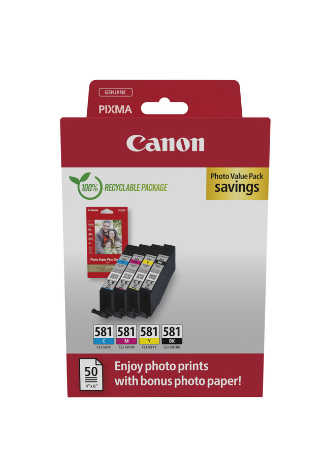 Pack 4 cartouches d'encre Canon CLI-581 Photo Value Pack (Noir + Couleurs) + 50x Papiers hoto