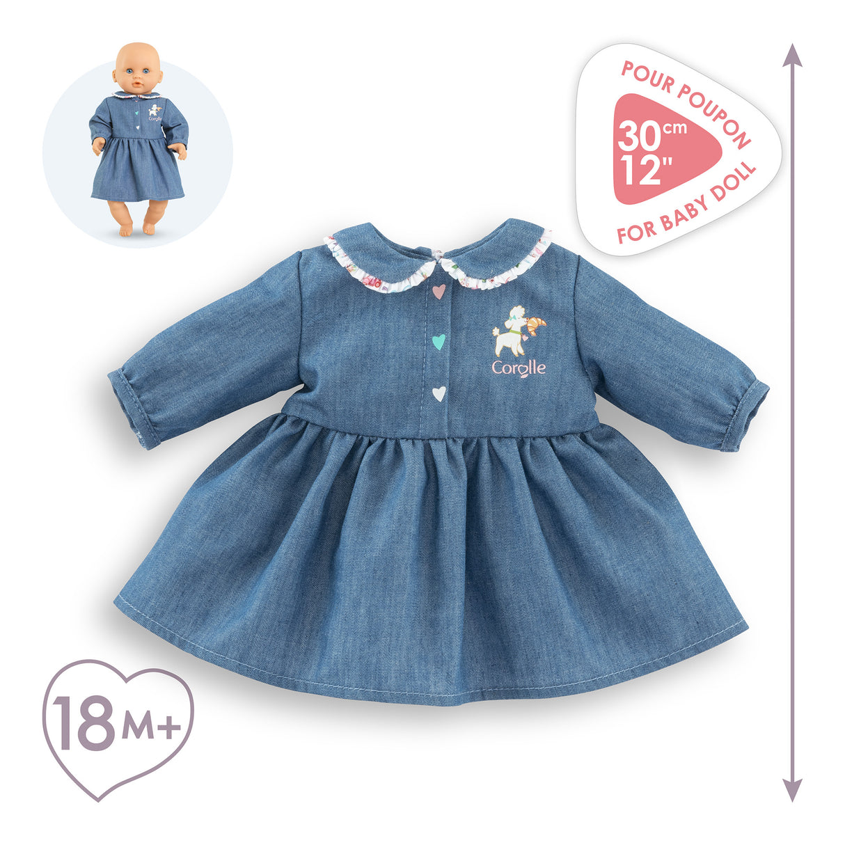 Robe Week-end a Paris - Corolle - 30 cm - Imitation denim - Col claudine - Broderies coeurs