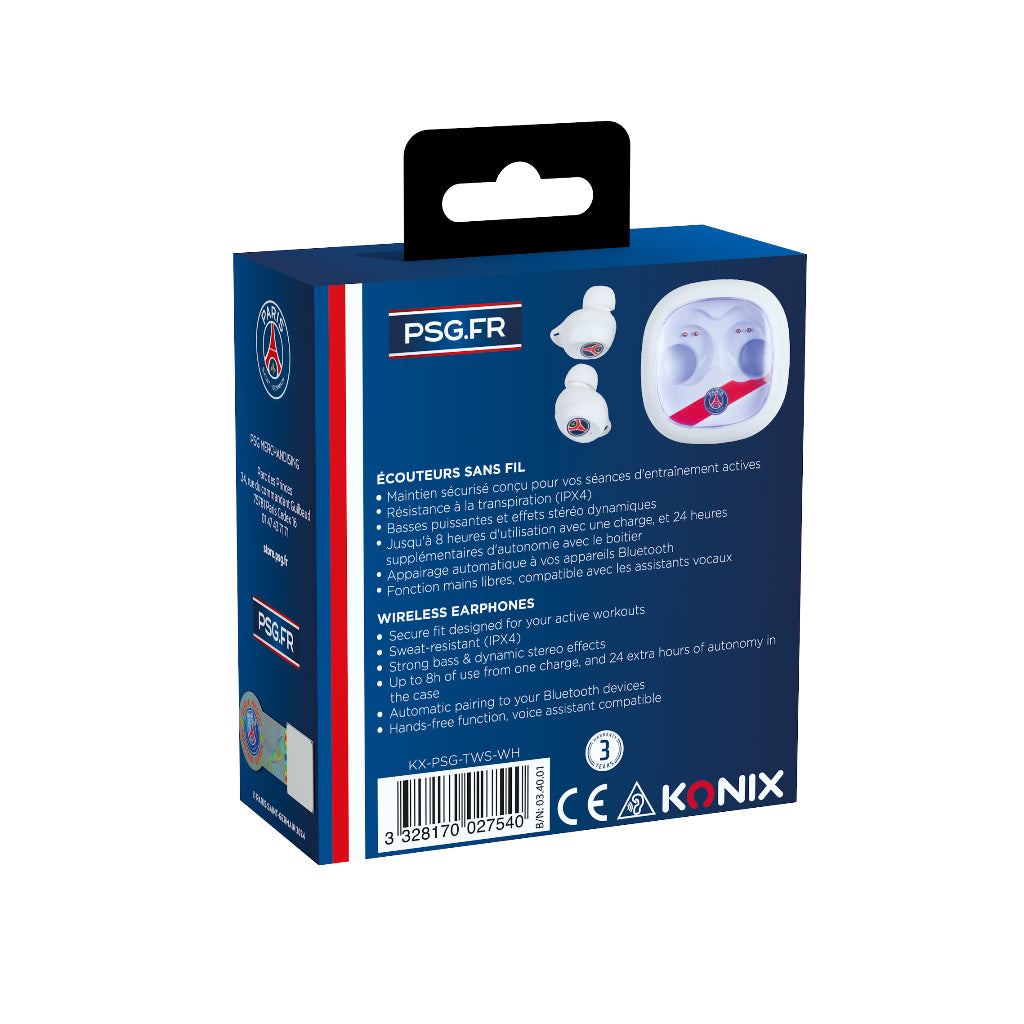 Écouteurs sans fil - KONIX - PSG - Autonomie 8 h + 15 h - IPX4 - Bluetooth - Blanc