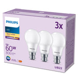 Ampoule LED - PHILIPS - 60 W - B22 - Blanc chaud - Dépolie - Non-Dimmable - 3 pieces