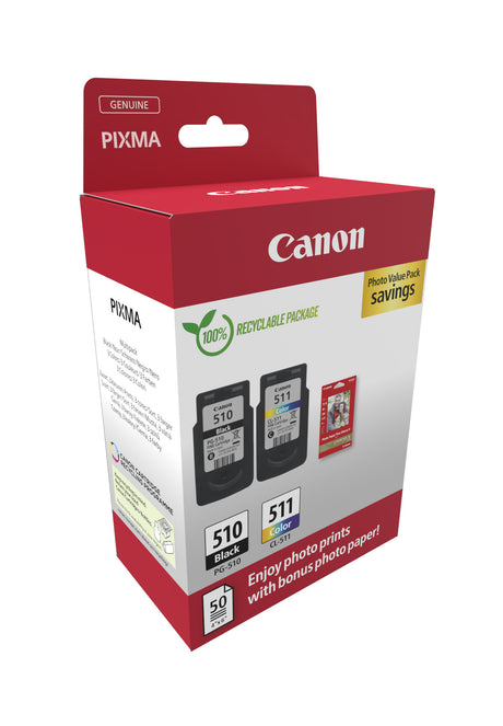 Pack de 2 cartouches d'encre + pack papiers photo - CANON - PG-510 Noir + CL-511 Couleur