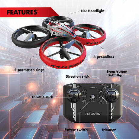 Drone Télécommandé - FLYBOTIC - Bumper Drone Lit - 17 cm - rouge et noir - des 8 ans