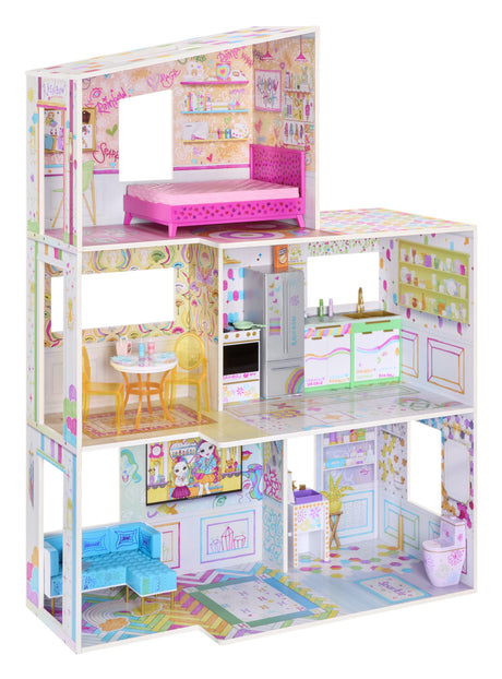Rainbow High Color & Play House, Maison de poupée 3 étages, Colorie les murs et sols avec des marqueurs lavables, Maison en bois