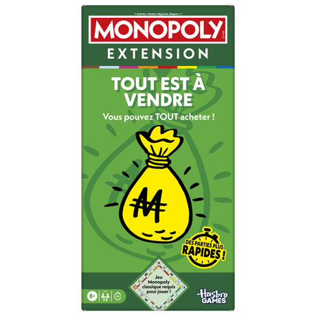 Monopoly Extension Tout est a vendre, rend le jeu Monopoly classique plus amusant et plus rapide, jeux de plateau, 2 a 6 joueurs, 40