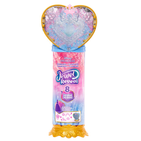 Poupée Jewel Reveal Cendrillon, Accessoires avec 8 surprises, 1 boîte a bijoux en forme de coeur, 1 bague pour enfant et 9 éléments,