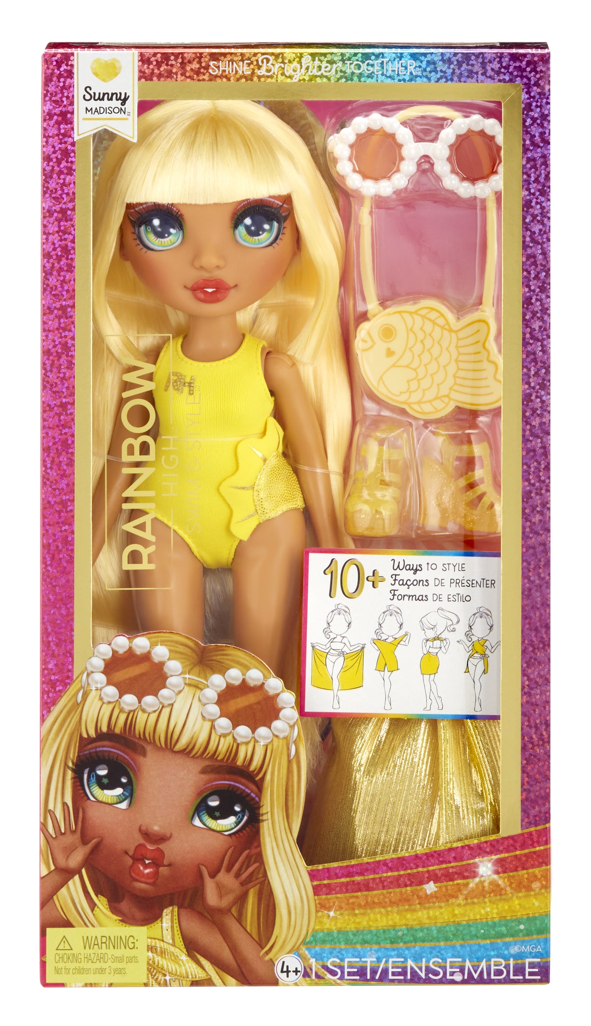 Rainbow High Swim & Style - Poupée mannequin ariculée 27 cm - Sunny (Jaune) - Maillot de bain + Paréo - a partir de 4 ans