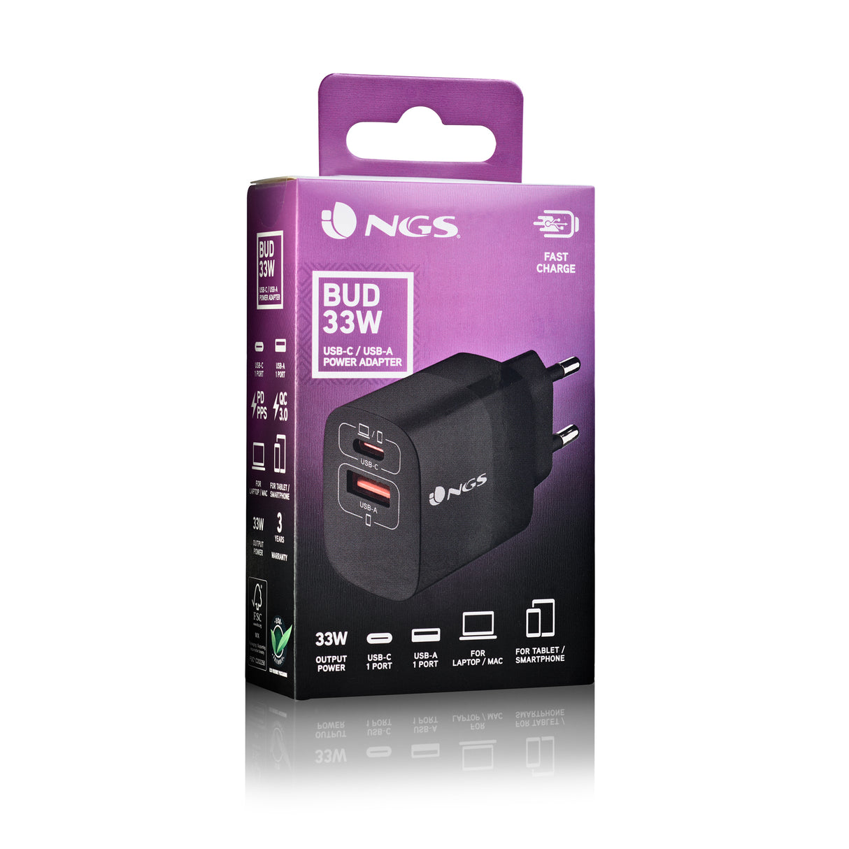 Chargeur secteur NGS Bud 1x USB-C + 1x USB-A 33W (Noir)