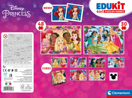 Clementoni - Edukit - Disney Princesses - Coffret apprentissage 4 en 1 - 2 puzzles, 1 mémo, 1 jeu de 6 cubes - Fabriqué en Italie