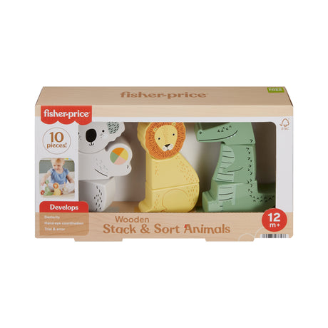 Fisher-Price-Animaux en Bois a Empiler et Trier, 10 pieces HXV04
