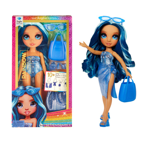 Rainbow High Swim & Style - Poupée mannequin ariculée 27 cm - Skyler (Bleue) - Maillot de bain + Paréo - a partir de 4 ans