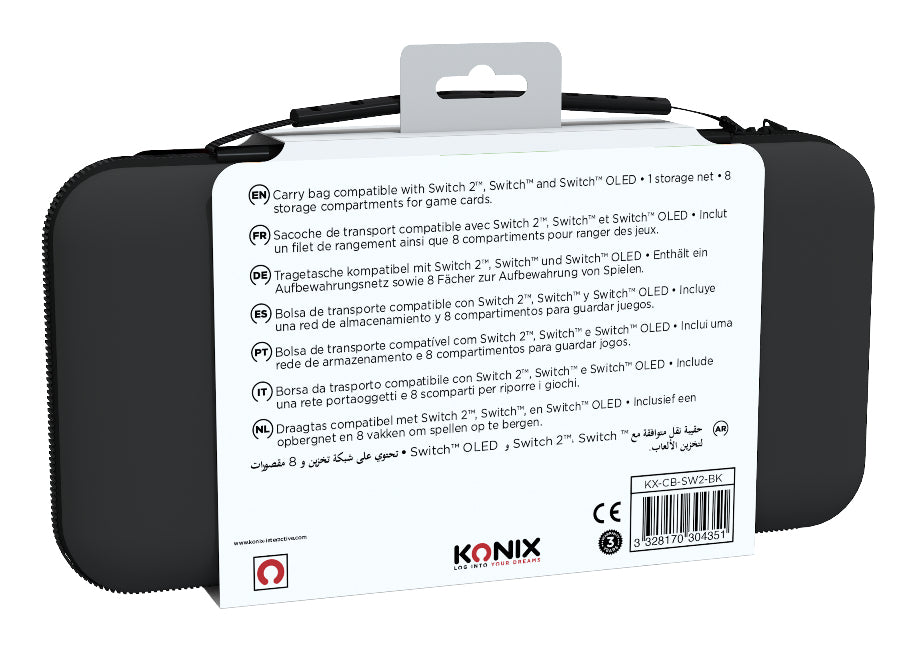 Housse de protection et transport - KONIX - Console Nintendo Switch 2 - Filet rangement accessoires - 8 compartiments jeux - Noir