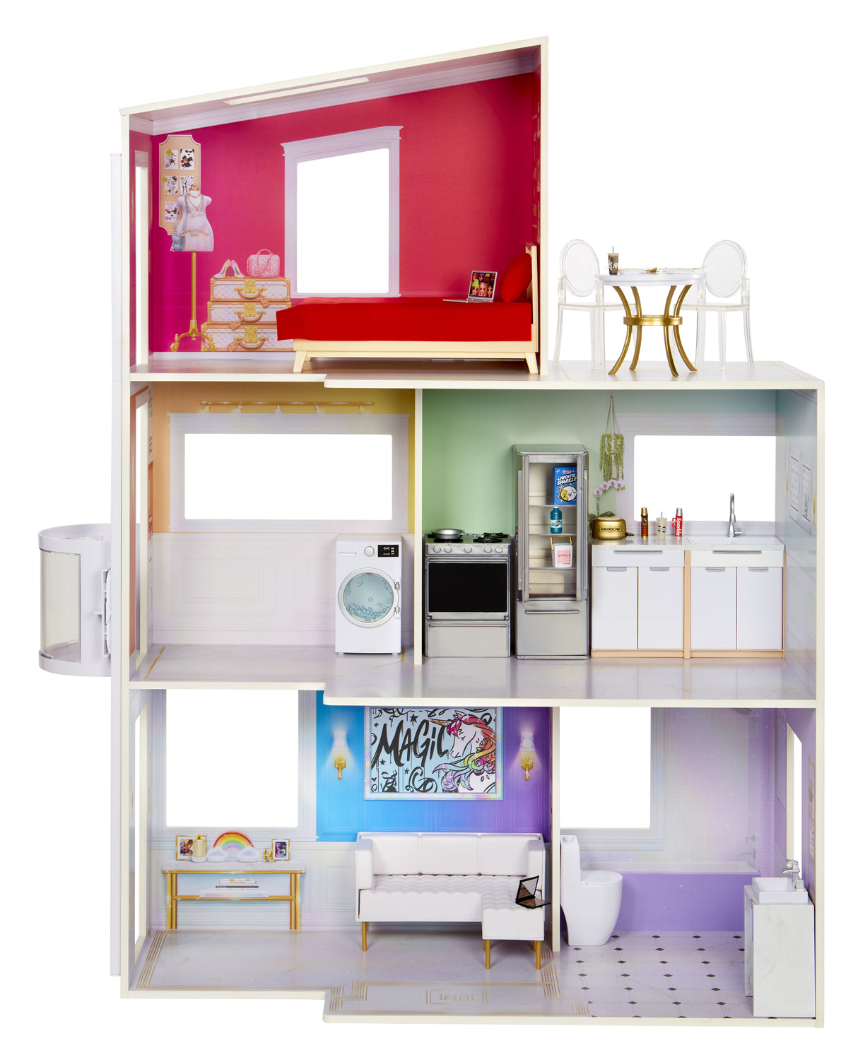 Rainbow High Townhouse - Maison en bois 3 étages et 6 pieces - Ascenseur fontionnel et meubles mobiles