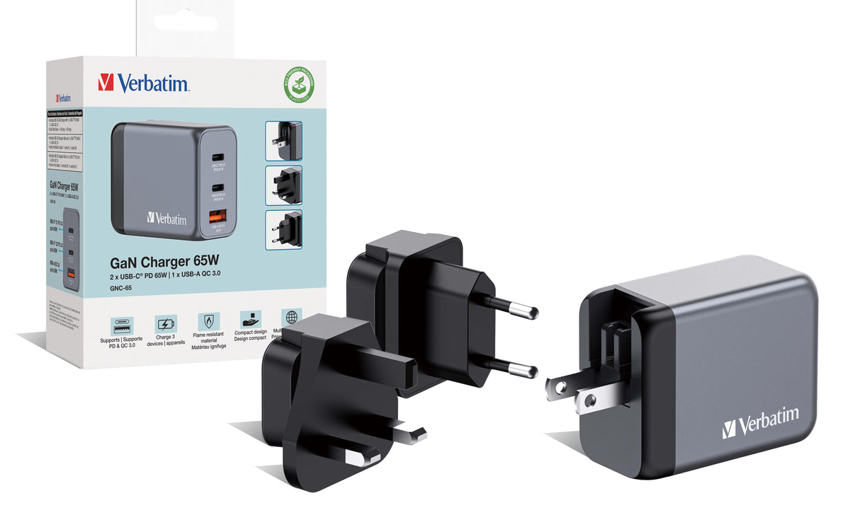Chargeur secteur Verbatim GNC 1x port USB-A + 2x ports USB-C 65W (Noir)