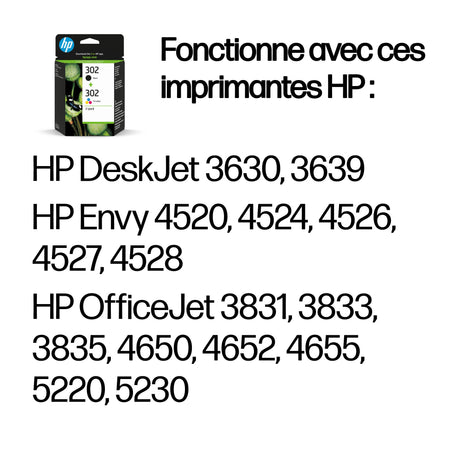 HP 302 Pack de 2 cartouches d'encre noire et trois couleurs authentiques (X4D37AE) pour HP DeskJet 2130/3630 et HP OfficeJet 3830