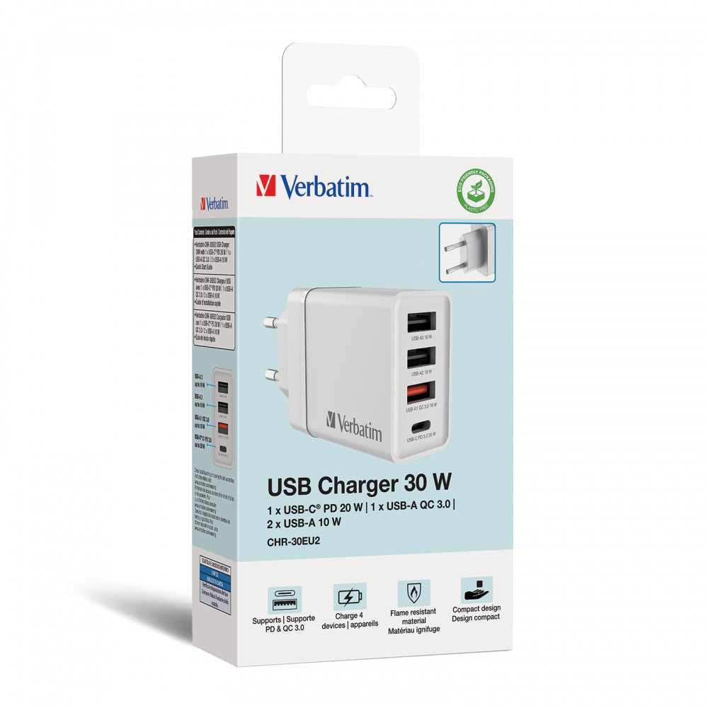 Chargeur secteur Verbatim GaN 3x ports USB-A + 1x port USB-C 30W (Blanc)