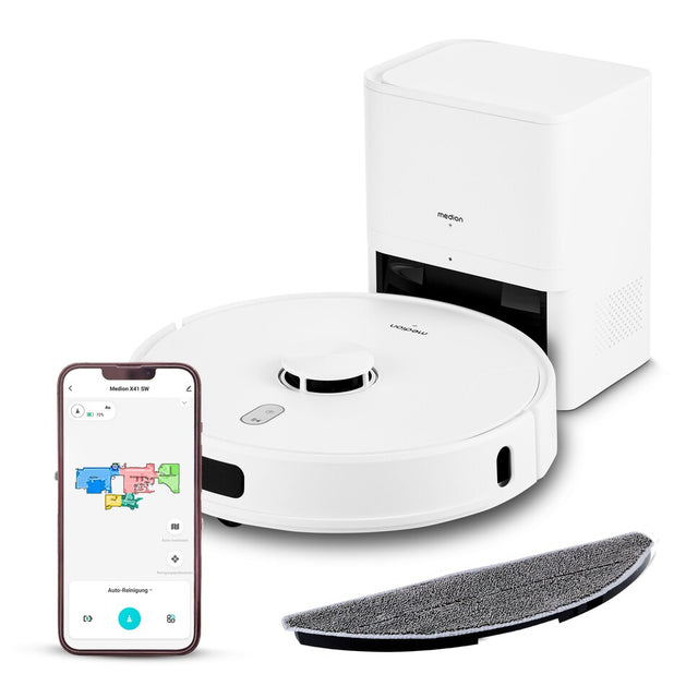 MEDION X41 SW+ - Robot Aspirateur Laveur avec station de Vidage - 200 min - Aspiration Puissante de 8000 Pa - Navigation Laser