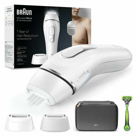 Épilateur a Lumiere Pulsée - BRAUN - Silk·expert Pro 5 Blanc- Épilation a la maison - Pochette - Rasoir Venus- 2 Tetes - PL5152